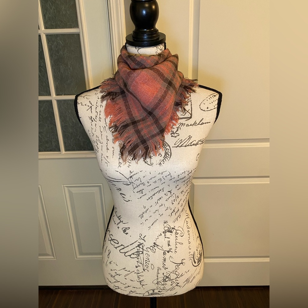 Peach,‎ Brown and Gray Plaid Fringe Square Scarf I